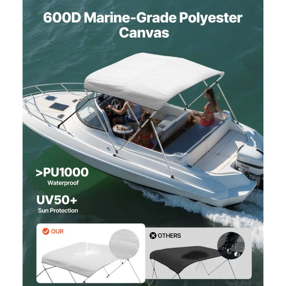 VEVOR 3 Bow Boat Bimini Tops, 600D Polyester Canopy with Aluminum Alloy Frame, Waterproof & Sun Shade Boat Awning Canopy with Storage Bag, 2 Support Poles, 4 Straps, 72"Lx(79"-84")Wx46"H, Light Grey