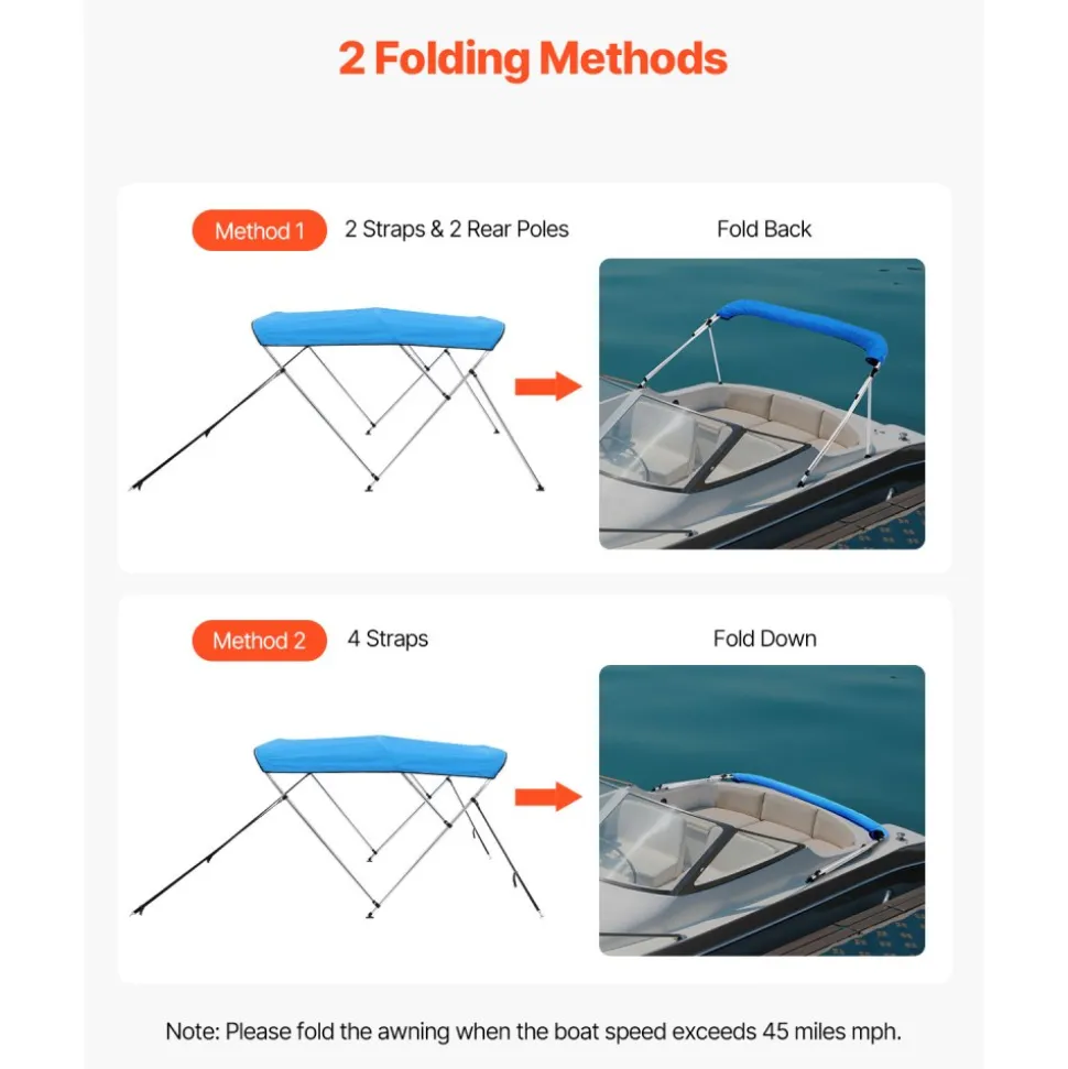 VEVOR 3 Bow Boat Bimini Tops, 600D Polyester Canopy with Aluminum Alloy Frame, Waterproof & Sun Shade Boat Awning Canopy with Storage Bag, 2 Support Poles, 4 Straps, 6'Lx(54"-60")Wx46"H, Pacific Blue