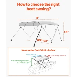VEVOR 4 Bow Boat Bimini Tops, 600D Polyester Canopy with Aluminum Alloy Frame, Waterproof & Sun Shade Boat Awning Canopy with Storage Bag, 2 Support Poles, 4 Straps, 96