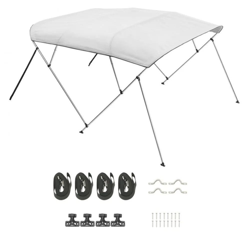 VEVOR 4 Bow Boat Bimini Tops, 600D Polyester Canopy with Aluminum Alloy Frame, Waterproof & Sun Shade Boat Awning Canopy with Storage Bag, 2 Support Poles, 4 Straps, 96"Lx(85"-90")Wx54"H, Light Grey