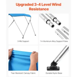VEVOR 3 Bow Boat Bimini Tops, 600D Polyester Canopy with Aluminum Alloy Frame, Waterproof & Sun Shade Boat Awning Canopy with Storage Bag, 2 Support Poles, 4 Straps, 72"Lx(85"-90")Wx46"H, Pacific Blue