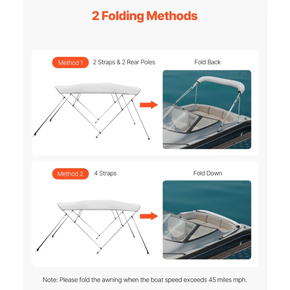 VEVOR 4 Bow Boat Bimini Tops, 600D Polyester Canopy with Aluminum Alloy Frame, Waterproof & Sun Shade Boat Awning Canopy with Storage Bag, 2 Support Poles, 4 Straps, 96"Lx(67"-72")Wx54"H, Light Grey