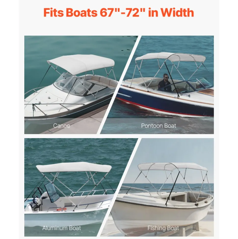 VEVOR 4 Bow Boat Bimini Tops, 600D Polyester Canopy with Aluminum Alloy Frame, Waterproof & Sun Shade Boat Awning Canopy with Storage Bag, 2 Support Poles, 4 Straps, 96"Lx(67"-72")Wx54"H, Light Grey