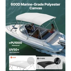 VEVOR 4 Bow Boat Bimini Tops, 600D Polyester Canopy with Aluminum Alloy Frame, Waterproof & Sun Shade Boat Awning Canopy with Storage Bag, 2 Support Poles, 4 Straps, 96