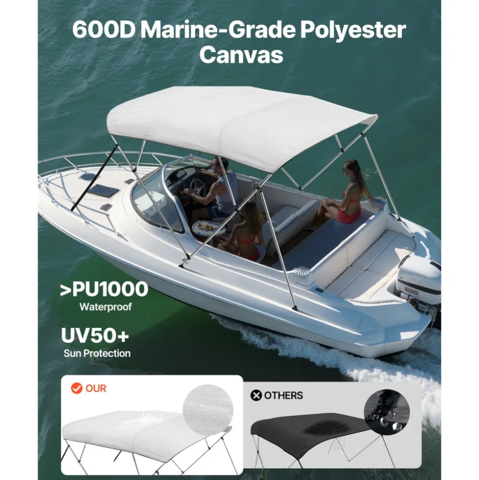 VEVOR 4 Bow Boat Bimini Tops, 600D Polyester Canopy with Aluminum Alloy Frame, Waterproof & Sun Shade Boat Awning Canopy with Storage Bag, 2 Support Poles, 4 Straps, 96"Lx(73"-78")Wx54"H, Light Grey