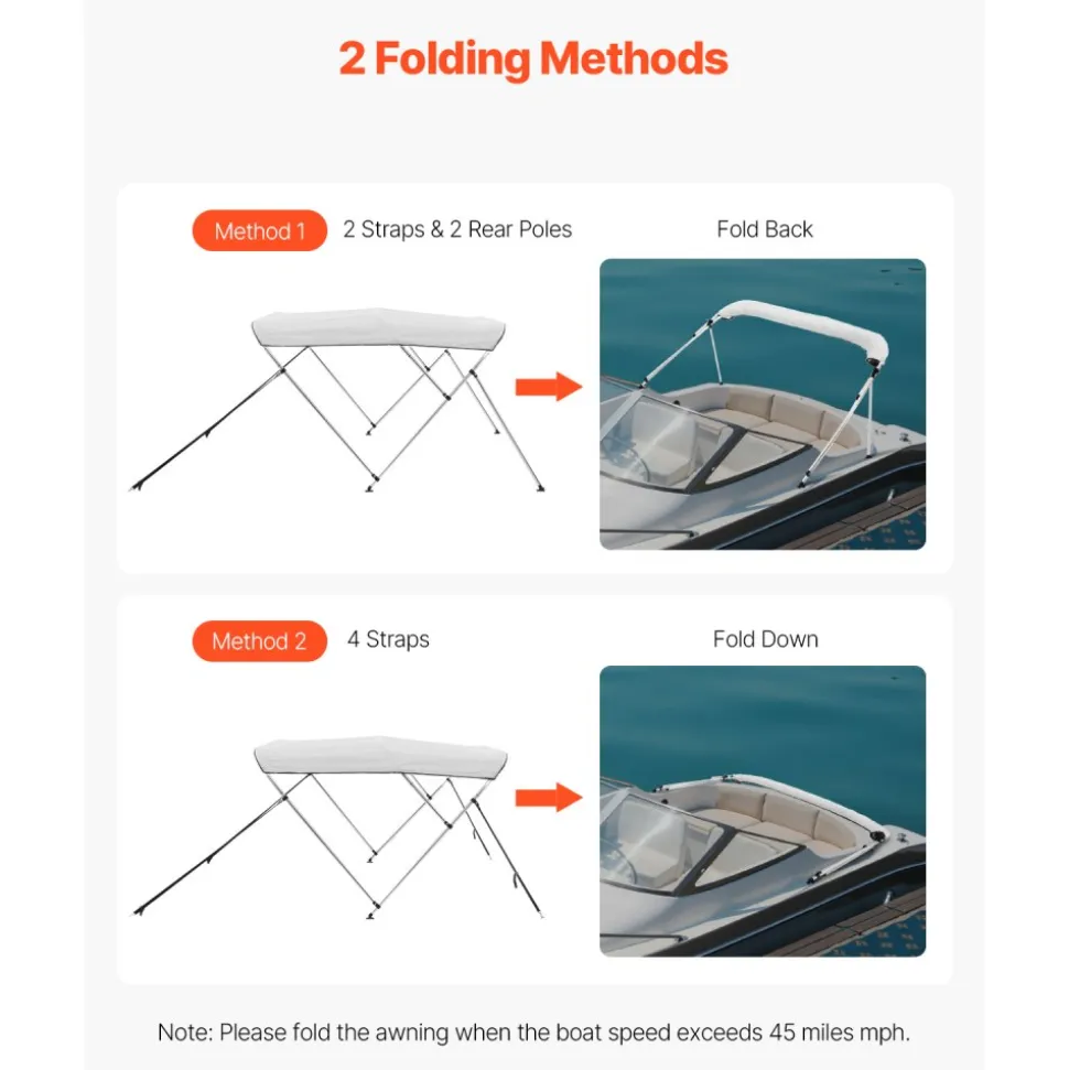 VEVOR 3 Bow Boat Bimini Tops, 600D Polyester Canopy with Aluminum Alloy Frame, Waterproof & Sun Shade Boat Awning Canopy with Storage Bag, 2 Support Poles, 4 Straps, 72"Lx(73"-78")Wx46"H, Light Grey