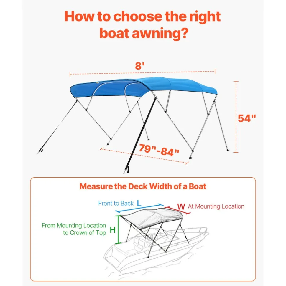 VEVOR 4 Bow Boat Bimini Tops, 600D Polyester Canopy with Aluminum Alloy Frame, Waterproof & Sun Shade Boat Awning Canopy with Storage Bag, 2 Support Poles, 4 Straps, 96"Lx(79"-84")Wx54"H, Pacific Blue