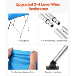 VEVOR 4 Bow Boat Bimini Tops, 600D Polyester Canopy with Aluminum Alloy Frame, Waterproof & Sun Shade Boat Awning Canopy with Storage Bag, 2 Support Poles, 4 Straps, 8'Lx(91"-96")Wx54"H, Light Grey