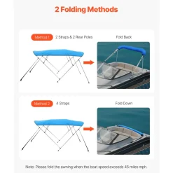 VEVOR 4 Bow Boat Bimini Tops, 600D Polyester Canopy with Aluminum Alloy Frame, Waterproof & Sun Shade Boat Awning Canopy with Storage Bag, 2 Support Poles, 4 Straps, 8'Lx(91