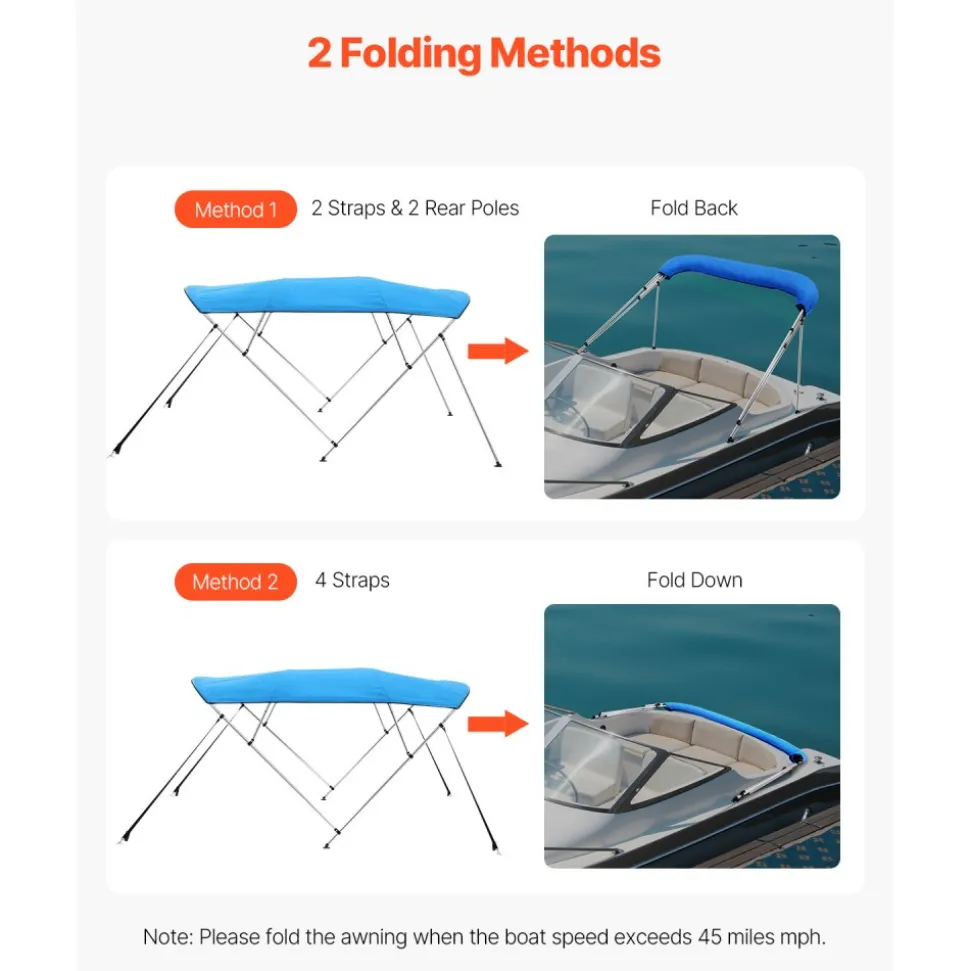 VEVOR 4 Bow Boat Bimini Tops, 600D Polyester Canopy with Aluminum Alloy Frame, Waterproof & Sun Shade Boat Awning Canopy with Storage Bag, 2 Support Poles, 4 Straps, 8'Lx(91"-96")Wx54"H, Light Grey