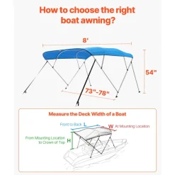 VEVOR 4 Bow Boat Bimini Tops, 600D Polyester Canopy with Aluminum Alloy Frame, Waterproof & Sun Shade Boat Awning Canopy with Storage Bag, 2 Support Poles, 4 Straps, 8'Lx(91