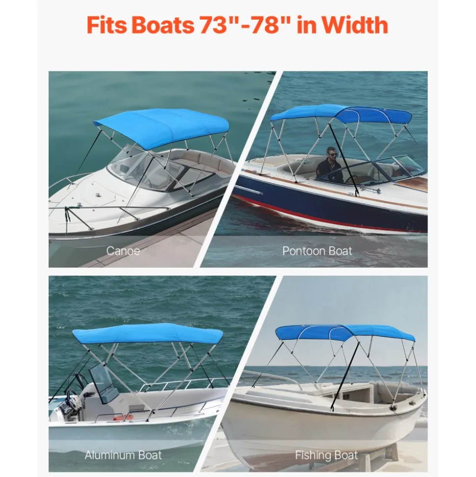 VEVOR 4 Bow Boat Bimini Tops, 600D Polyester Canopy with Aluminum Alloy Frame, Waterproof & Sun Shade Boat Awning Canopy with Storage Bag, 2 Support Poles, 4 Straps, 8'Lx(91"-96")Wx54"H, Light Grey