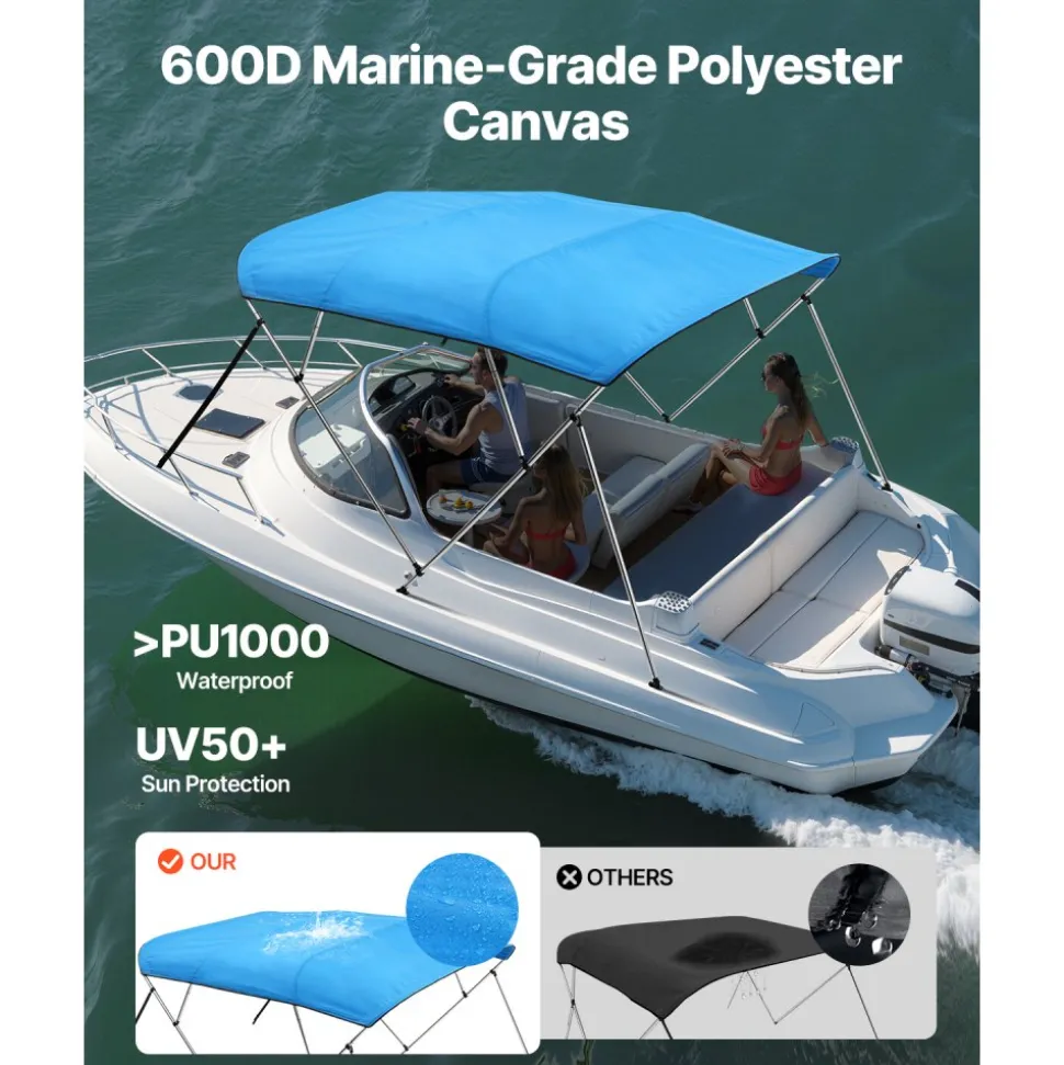 VEVOR 4 Bow Boat Bimini Tops, 600D Polyester Canopy with Aluminum Alloy Frame, Waterproof & Sun Shade Boat Awning Canopy with Storage Bag, 2 Support Poles, 4 Straps, 8'Lx(91"-96")Wx54"H, Light Grey