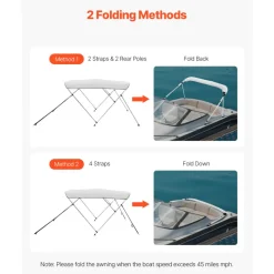 VEVOR 3 Bow Boat Bimini Tops, 600D Polyester Canopy with Aluminum Alloy Frame, Waterproof & Sun Shade Boat Awning Canopy with Storage Bag, 2 Support Poles, 4 Straps, 6'Lx(67"-72")Wx46"H, Light Grey