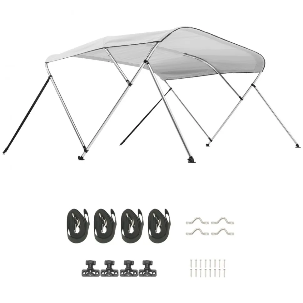 VEVOR 3 Bow Boat Bimini Tops, 600D Polyester Canopy with Aluminum Alloy Frame, Waterproof & Sun Shade Boat Awning Canopy with Storage Bag, 2 Support Poles, 4 Straps, 6'Lx(67"-72")Wx46"H, Light Grey