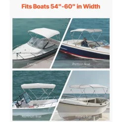 VEVOR 3 Bow Boat Bimini Tops, 600D Polyester Canopy with Aluminum Alloy Frame, Waterproof & Sun Shade Boat Awning Canopy with Storage Bag, 2 Support Poles, 4 Straps, 6'Lx(54"-60")Wx46"H, Light Grey
