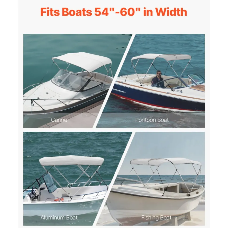 VEVOR 3 Bow Boat Bimini Tops, 600D Polyester Canopy with Aluminum Alloy Frame, Waterproof & Sun Shade Boat Awning Canopy with Storage Bag, 2 Support Poles, 4 Straps, 6'Lx(54"-60")Wx46"H, Light Grey