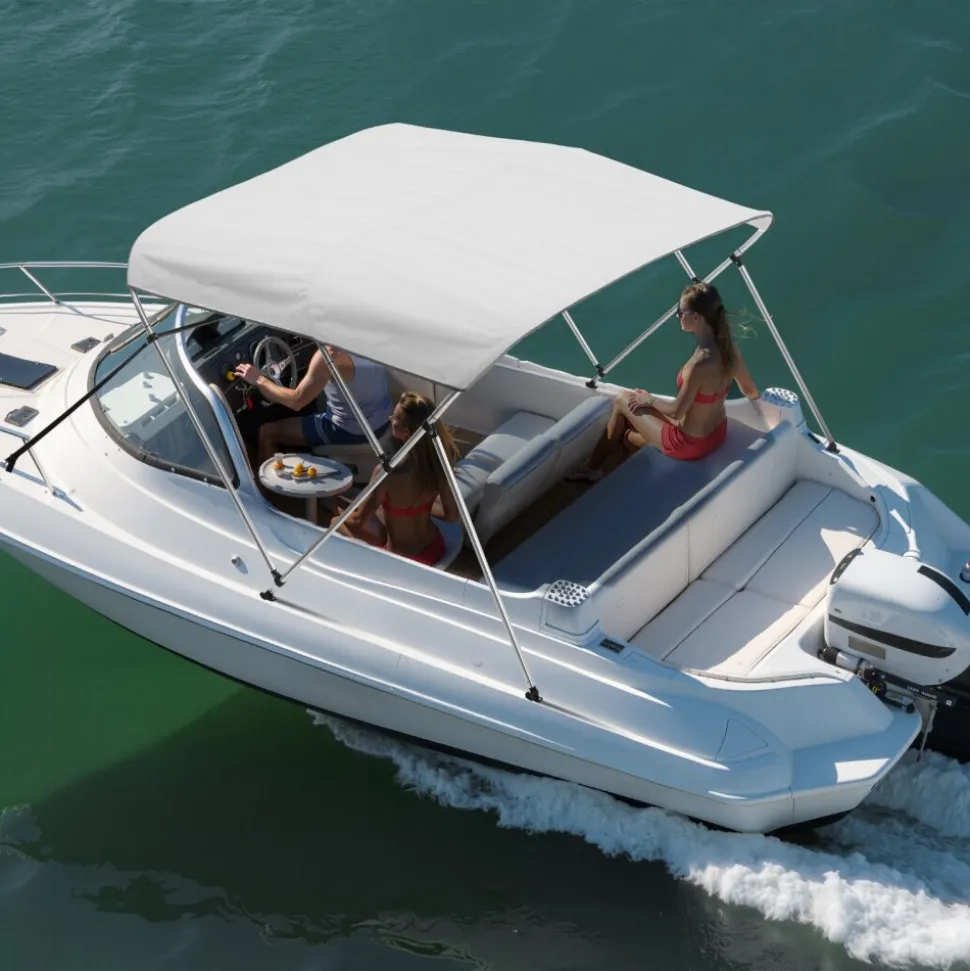 VEVOR 3 Bow Boat Bimini Tops, 600D Polyester Canopy with Aluminum Alloy Frame, Waterproof & Sun Shade Boat Awning Canopy with Storage Bag, 2 Support Poles, 4 Straps, 6'Lx(54"-60")Wx46"H, Light Grey