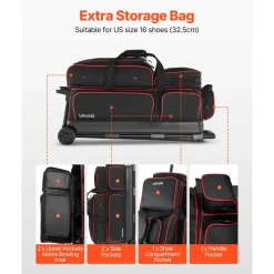 VEVOR Bowling Ball Bag, 3 Ball Double Roller Bowling Bag with Wheels, Featuring a Separate Compartment for Shoes (Up To US Size 16) & Oversized Accessory Pocket, Retractable Handle Extends to 41.34 in