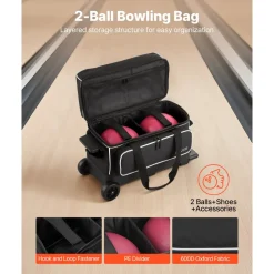 VEVOR Bowling Ball Bag, 3 Ball Double Roller Bowling Bag with Wheels, Featuring a Separate Compartment for Shoes (Up To US Size 16) & Oversized Accessory Pocket, Retractable Handle Extends to 41.34 in