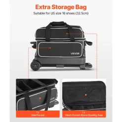 VEVOR Bowling Ball Bag, 3 Ball Double Roller Bowling Bag with Wheels, Featuring a Separate Compartment for Shoes (Up To US Size 16) & Oversized Accessory Pocket, Retractable Handle Extends to 41.34 in