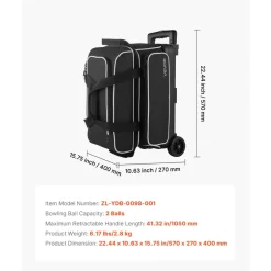 VEVOR Bowling Ball Bag, 3 Ball Double Roller Bowling Bag with Wheels, Featuring a Separate Compartment for Shoes (Up To US Size 16) & Oversized Accessory Pocket, Retractable Handle Extends to 41.34 in