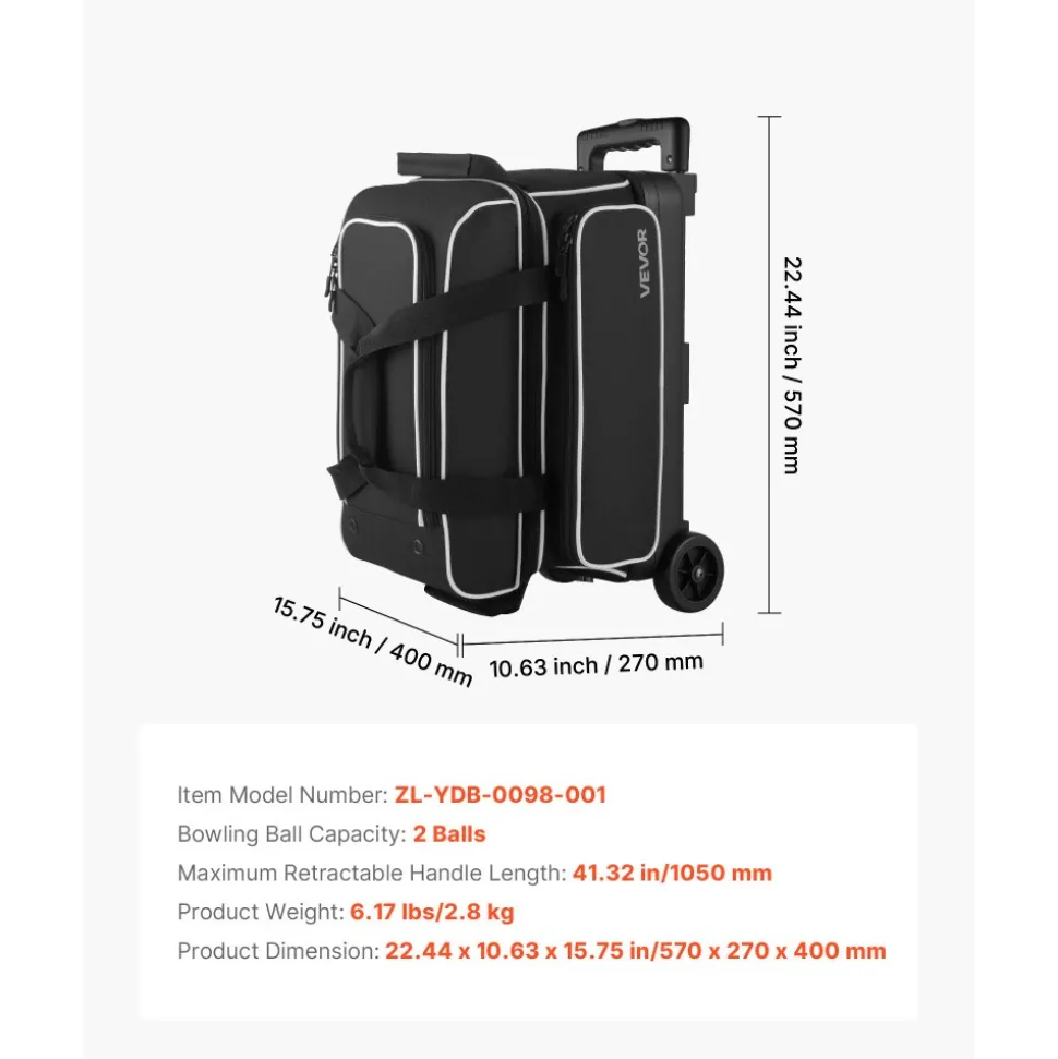 VEVOR Bowling Ball Bag, 3 Ball Double Roller Bowling Bag with Wheels, Featuring a Separate Compartment for Shoes (Up To US Size 16) & Oversized Accessory Pocket, Retractable Handle Extends to 41.34 in
