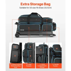 VEVOR Bowling Ball Bag, 3 Ball Double Roller Bowling Bag with Wheels, Featuring a Separate Compartment for Shoes (Up To US Size 16) & Oversized Accessory Pocket, Retractable Handle Extends to 41.34 in