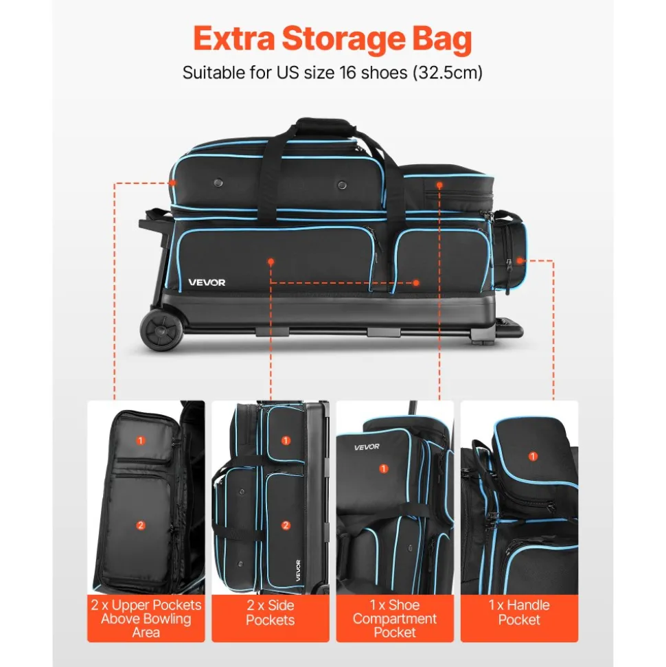 VEVOR Bowling Ball Bag, 3 Ball Double Roller Bowling Bag with Wheels, Featuring a Separate Compartment for Shoes (Up To US Size 16) & Oversized Accessory Pocket, Retractable Handle Extends to 41.34 in