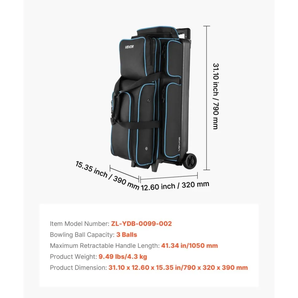 VEVOR Bowling Ball Bag, 3 Ball Double Roller Bowling Bag with Wheels, Featuring a Separate Compartment for Shoes (Up To US Size 16) & Oversized Accessory Pocket, Retractable Handle Extends to 41.34 in