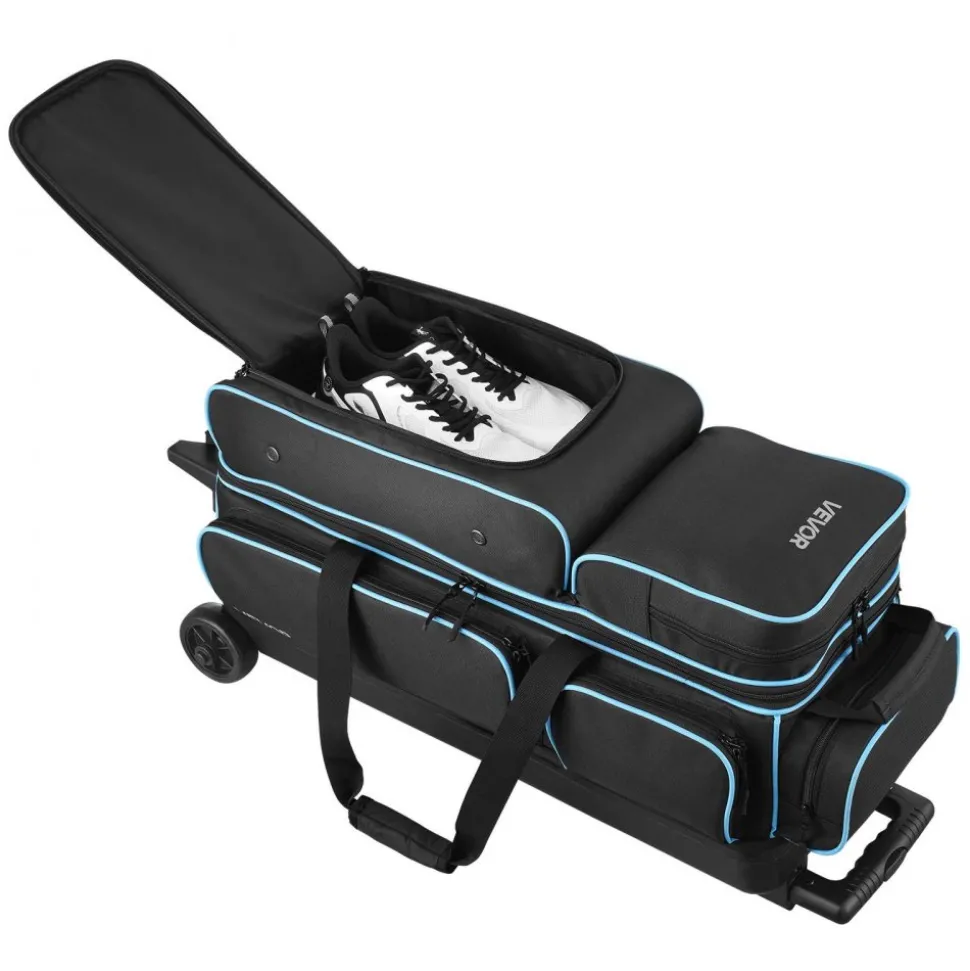 VEVOR Bowling Ball Bag, 3 Ball Double Roller Bowling Bag with Wheels, Featuring a Separate Compartment for Shoes (Up To US Size 16) & Oversized Accessory Pocket, Retractable Handle Extends to 41.34 in
