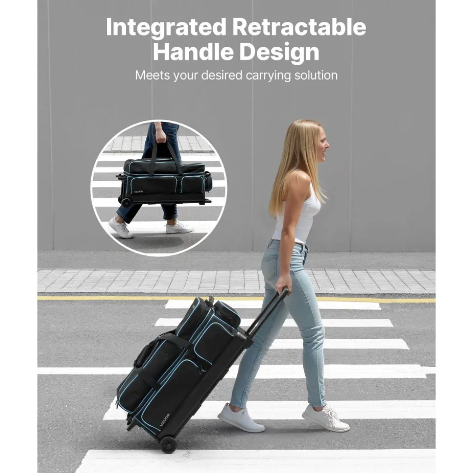 VEVOR Bowling Ball Bag, 3 Ball Double Roller Bowling Bag with Wheels, Featuring a Separate Compartment for Shoes (Up To US Size 16) & Oversized Accessory Pocket, Retractable Handle Extends to 41.34 in
