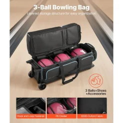 VEVOR Bowling Ball Bag, 3 Ball Double Roller Bowling Bag with Wheels, Featuring a Separate Compartment for Shoes (Up To US Size 16) & Oversized Accessory Pocket, Retractable Handle Extends to 41.34 in