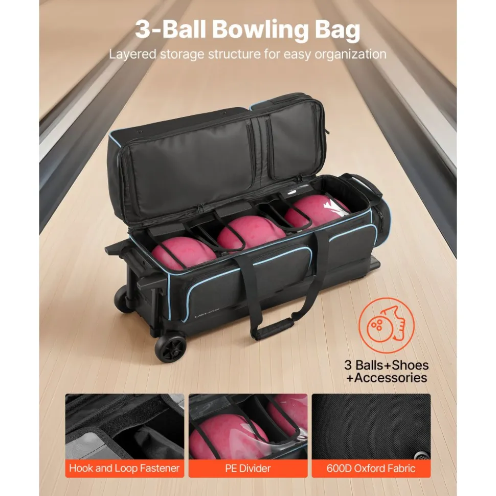 VEVOR Bowling Ball Bag, 3 Ball Double Roller Bowling Bag with Wheels, Featuring a Separate Compartment for Shoes (Up To US Size 16) & Oversized Accessory Pocket, Retractable Handle Extends to 41.34 in