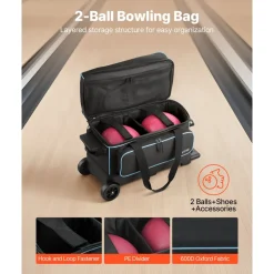 VEVOR Bowling Ball Bag, 2 Ball Double Roller Bowling Bag with Wheels, Featuring a Separate Compartment for Shoes (Up To US Size 16) & Oversized Accessory Pocket, Retractable Handle Extends to 41.32 in
