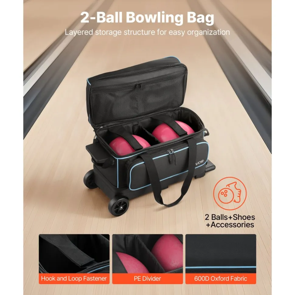 VEVOR Bowling Ball Bag, 2 Ball Double Roller Bowling Bag with Wheels, Featuring a Separate Compartment for Shoes (Up To US Size 16) & Oversized Accessory Pocket, Retractable Handle Extends to 41.32 in