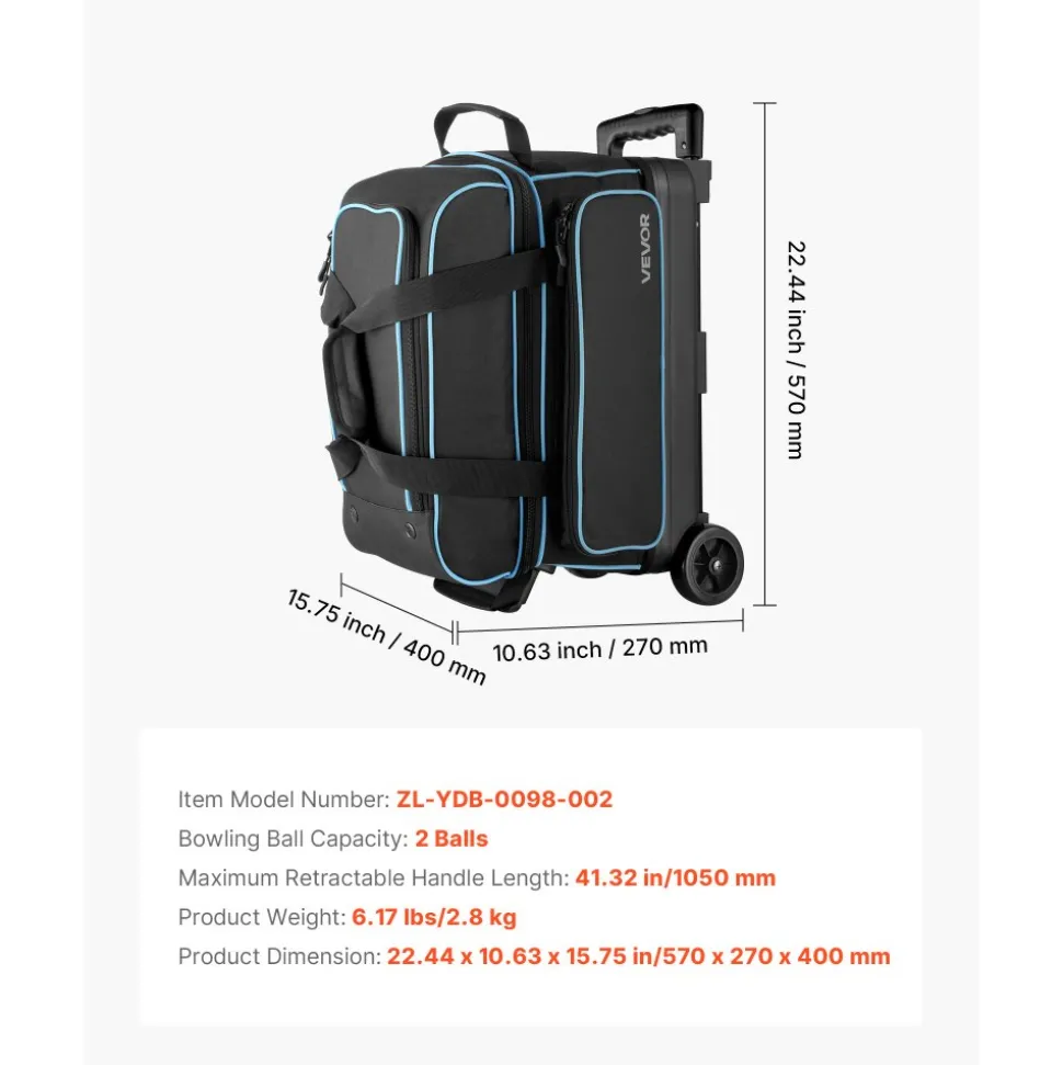 VEVOR Bowling Ball Bag, 2 Ball Double Roller Bowling Bag with Wheels, Featuring a Separate Compartment for Shoes (Up To US Size 16) & Oversized Accessory Pocket, Retractable Handle Extends to 41.32 in