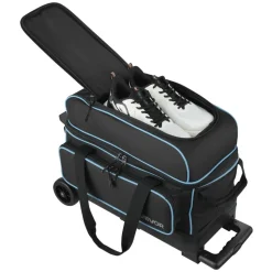 VEVOR Bowling Ball Bag, 2 Ball Double Roller Bowling Bag with Wheels, Featuring a Separate Compartment for Shoes (Up To US Size 16) & Oversized Accessory Pocket, Retractable Handle Extends to 41.32 in