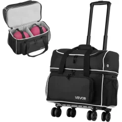 VEVOR Bowling Ball Bag, 2 Ball Four Roller Bowling Bag with Wheels, Featuring a Separate Compartment for Shoes (Up To US Size 16) & Oversized Accessory Pocket, Retractable Handle Extends to 37.4 in