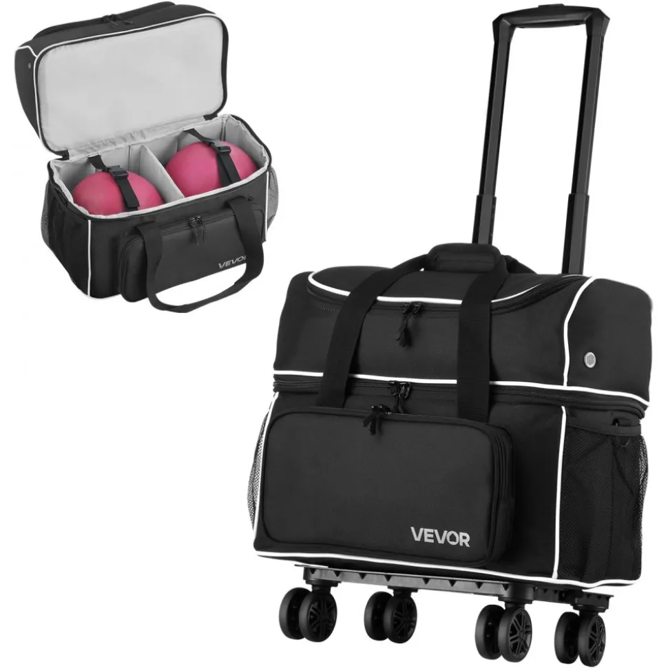 VEVOR Bowling Ball Bag, 2 Ball Four Roller Bowling Bag with Wheels, Featuring a Separate Compartment for Shoes (Up To US Size 16) & Oversized Accessory Pocket, Retractable Handle Extends to 37.4 in