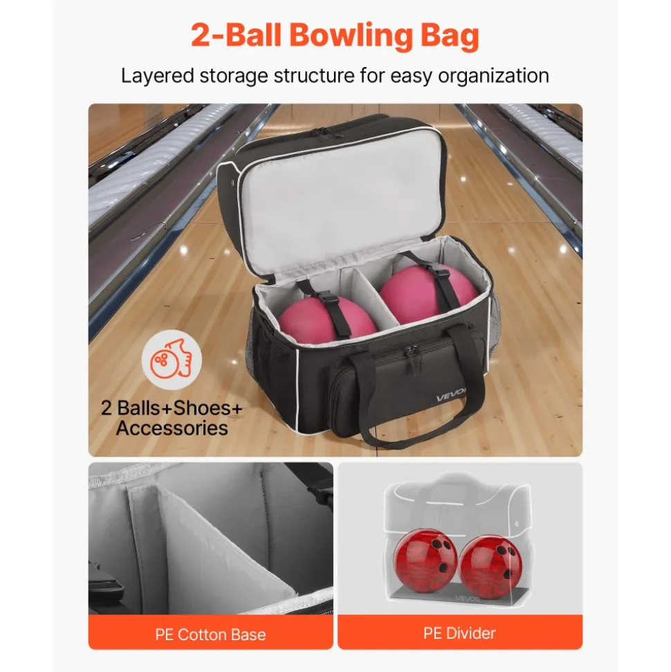 VEVOR Bowling Ball Bag, 2 Ball Four Roller Bowling Bag with Wheels, Featuring a Separate Compartment for Shoes (Up To US Size 16) & Oversized Accessory Pocket, Retractable Handle Extends to 37.4 in