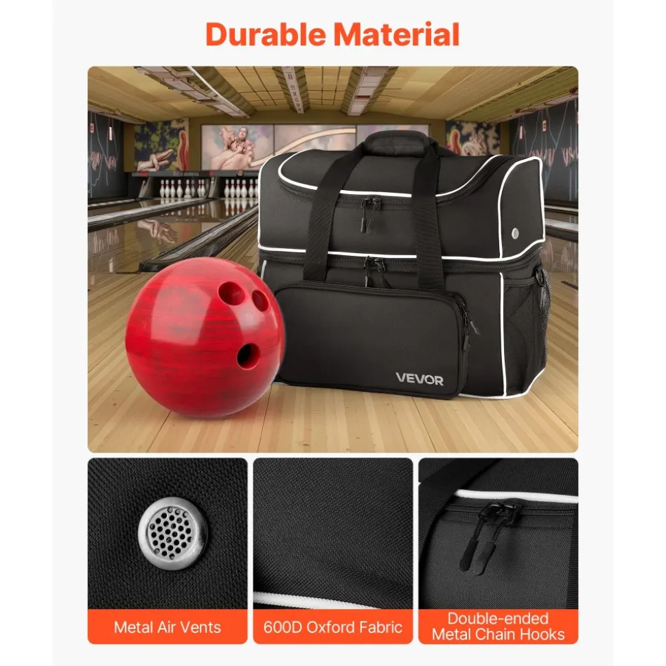 VEVOR Bowling Ball Bag, 2 Ball Four Roller Bowling Bag with Wheels, Featuring a Separate Compartment for Shoes (Up To US Size 16) & Oversized Accessory Pocket, Retractable Handle Extends to 37.4 in