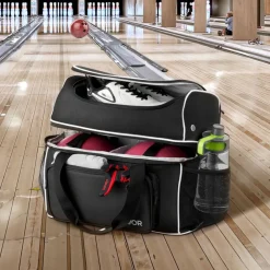VEVOR Bowling Ball Bag, 2 Ball Four Roller Bowling Bag with Wheels, Featuring a Separate Compartment for Shoes (Up To US Size 16) & Oversized Accessory Pocket, Retractable Handle Extends to 37.4 in