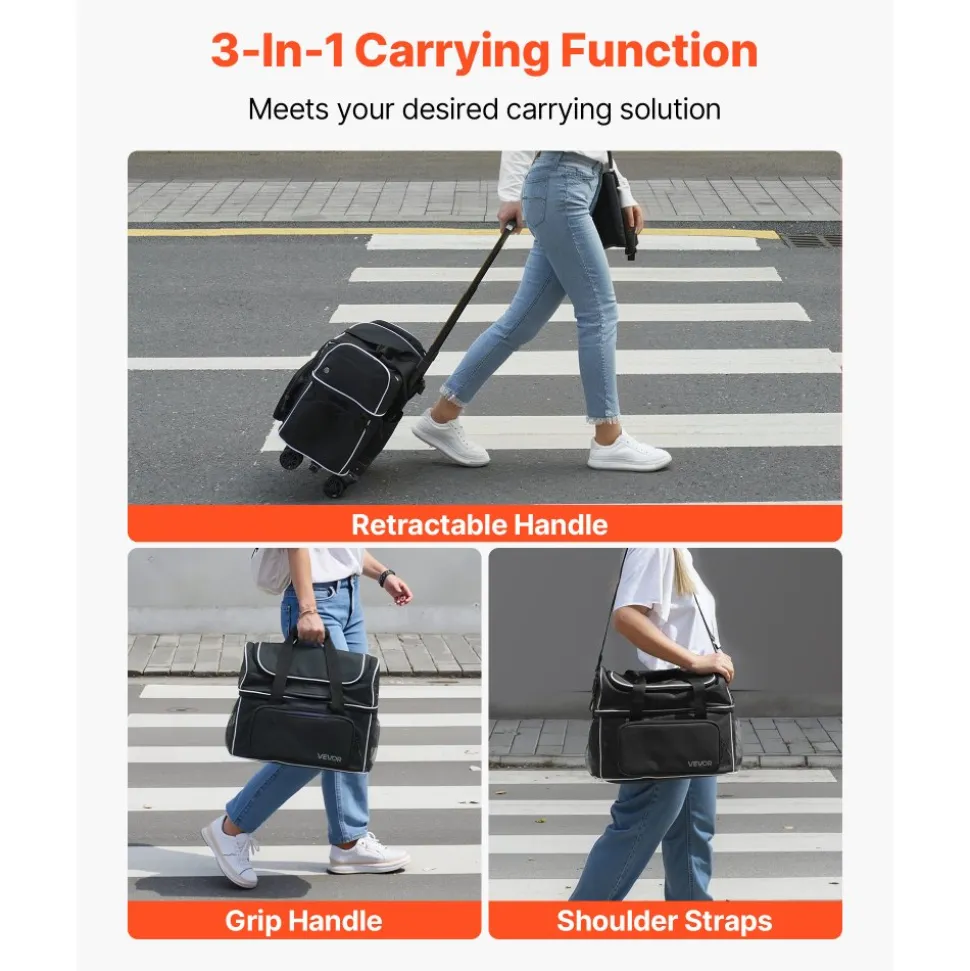 VEVOR Bowling Ball Bag, 2 Ball Four Roller Bowling Bag with Wheels, Featuring a Separate Compartment for Shoes (Up To US Size 16) & Oversized Accessory Pocket, Retractable Handle Extends to 37.4 in