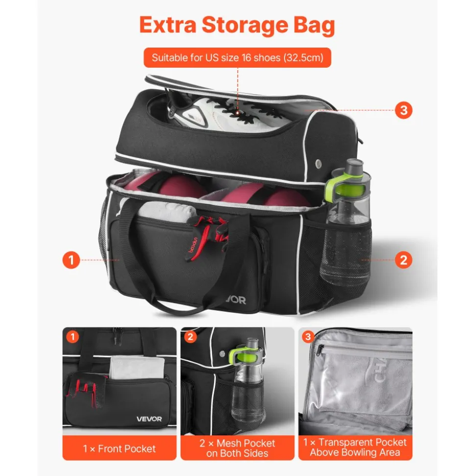 VEVOR Bowling Ball Bag, 2 Ball Four Roller Bowling Bag with Wheels, Featuring a Separate Compartment for Shoes (Up To US Size 16) & Oversized Accessory Pocket, Retractable Handle Extends to 37.4 in
