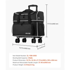 VEVOR Bowling Ball Bag, 2 Ball Four Roller Bowling Bag with Wheels, Featuring a Separate Compartment for Shoes (Up To US Size 16) & Oversized Accessory Pocket, Retractable Handle Extends to 37.4 in