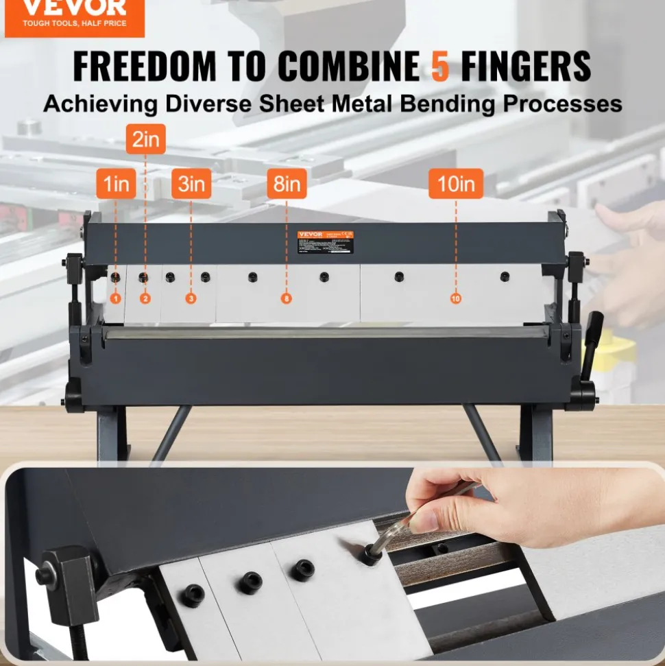 VEVOR Box and Pan Brake, 24-Inch, 0-130 Degrees Sheet Metal Bending Brake, Portable Metal Bender with 20 Gauge Low Carbon Steel 14 Gauge Aluminum Capacity, 5 Adjustable Fingers for Metal Bending