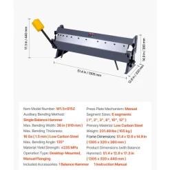 VEVOR Box and Pan Brake, 36 in Sheet Metal Bending Brake,16-Gauge Mild Steel Capacity, 0-135 Degree Adjustable, Metal Bender Machine with 6 Fingers, Heavy-Duty Aluminum Folder for Precise Bending