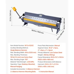 VEVOR Box and Pan Brake, 48 in Sheet Metal Bending Brake,16-Gauge Mild Steel Capacity, 0-135 Degree Adjustable, Metal Bender Machine with 16 Fingers, Heavy-Duty Aluminum Folder for Precise Bending