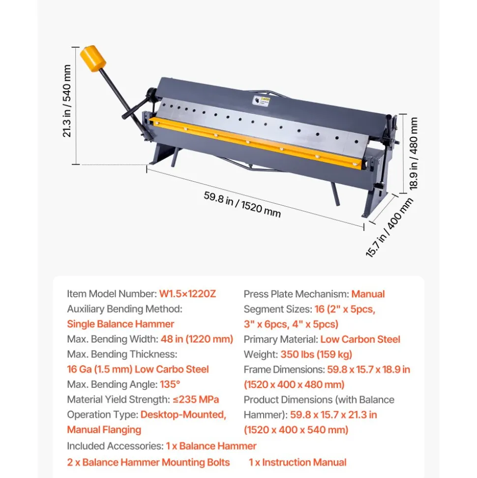 VEVOR Box and Pan Brake, 48 in Sheet Metal Bending Brake,16-Gauge Mild Steel Capacity, 0-135 Degree Adjustable, Metal Bender Machine with 16 Fingers, Heavy-Duty Aluminum Folder for Precise Bending